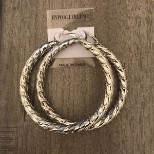 Big Bamboo Hoop Earrings Silver Tone 3 Inch